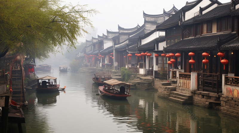 江南古镇春烟雨蒙蒙天游船摄影,高清,摄影图,摄影图片,图片大全,摄影图免费下载